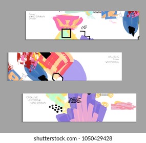 Abstract universal art web header template. Collage made with scribbles, marker, canyon strokes, black geometric shapes, ink drawn splashes. Bright colored isolated on white background cover template.