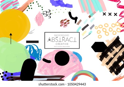 Abstract universal art web header template. Collage made with scribbles, marker, canyon strokes, black geometric shapes, ink drawn splashes. Bright colored isolated on white background cover template.