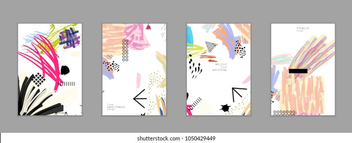 Abstract universal art web header template. Collage made with scribbles, marker, canyon strokes, black geometric shapes, ink drawn splashes. Bright colored isolated on white background cover template.