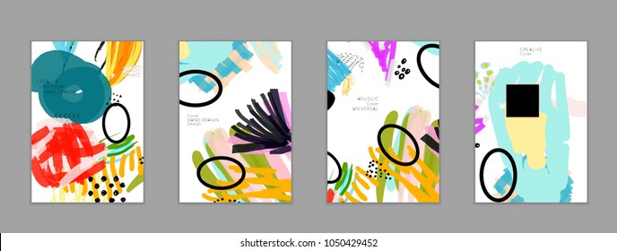 Abstract universal art web header template. Collage made with scribbles, marker, canyon strokes, black geometric shapes, ink drawn splashes. Bright colored isolated on white background cover template.