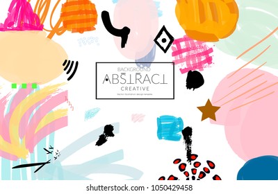 Abstract universal art web header template. Collage made with scribbles, marker, canyon strokes, black geometric shapes, ink drawn splashes. Bright colored isolated on white background cover template.