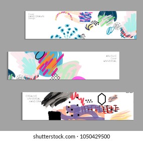 Abstract universal art web header template. Collage made with scribbles, marker, canyon strokes, black geometric shapes, ink drawn splashes. Bright colored isolated on white background cover template.
