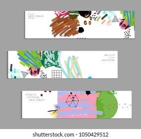 Abstract universal art web header template. Collage made with scribbles, marker, canyon strokes, black geometric shapes, ink drawn splashes. Bright colored isolated on white background cover template.