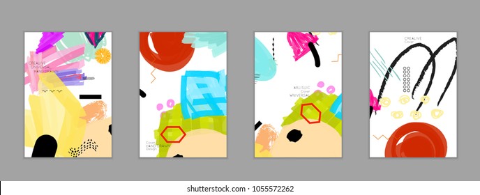 Abstract universal art web header template. Collage made with scribbles, marker, canyon strokes, black geometric shapes, ink drawn splashes. Bright colored isolated on white background cover template.