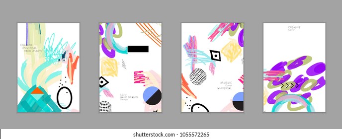 Abstract universal art web header template. Collage made with scribbles, marker, canyon strokes, black geometric shapes, ink drawn splashes. Bright colored isolated on white background cover template.
