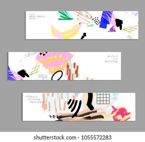 Abstract universal art web header template. Collage made with scribbles, marker, canyon strokes, black geometric shapes, ink drawn splashes. Bright colored isolated on white background cover template.