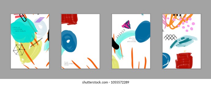 Abstract universal art web header template. Collage made with scribbles, marker, canyon strokes, black geometric shapes, ink drawn splashes. Bright colored isolated on white background cover template.