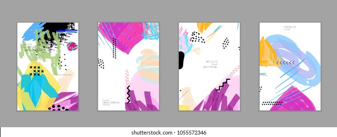 Abstract universal art web header template. Collage made with scribbles, marker, canyon strokes, black geometric shapes, ink drawn splashes. Bright colored isolated on white background cover template.