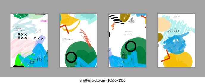 Abstract universal art web header template. Collage made with scribbles, marker, canyon strokes, black geometric shapes, ink drawn splashes. Bright colored isolated on white background cover template.