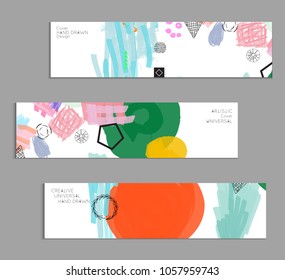 Abstract universal art web header template. Collage made with scribbles, marker, canyon strokes, black geometric shapes, ink drawn splashes. Bright colored isolated on white background cover template.