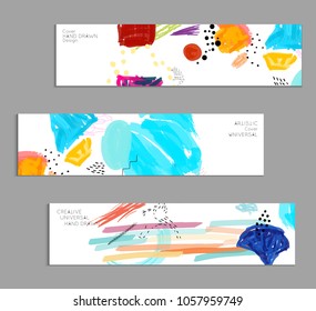 Abstract universal art web header template. Collage made with scribbles, marker, canyon strokes, black geometric shapes, ink drawn splashes. Bright colored isolated on white background cover template.