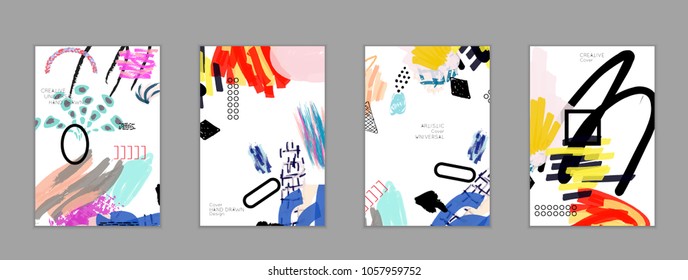 Abstract universal art web header template. Collage made with scribbles, marker, canyon strokes, black geometric shapes, ink drawn splashes. Bright colored isolated on white background cover template.