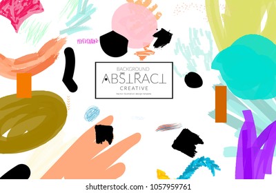 Abstract universal art web header template. Collage made with scribbles, marker, canyon strokes, black geometric shapes, ink drawn splashes. Bright colored isolated on white background cover template.