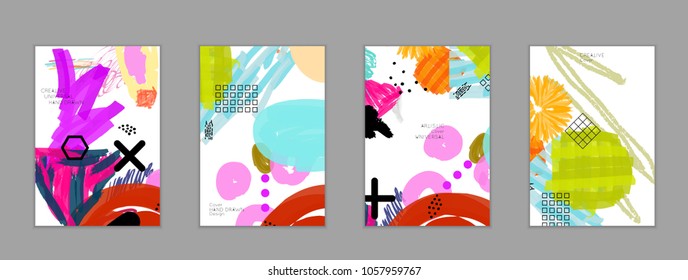 Abstract universal art web header template. Collage made with scribbles, marker, canyon strokes, black geometric shapes, ink drawn splashes. Bright colored isolated on white background cover template.