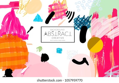 Abstract universal art web header template. Collage made with scribbles, marker, canyon strokes, black geometric shapes, ink drawn splashes. Bright colored isolated on white background cover template.