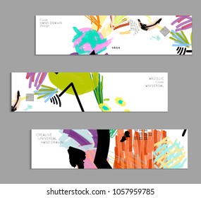 Abstract universal art web header template. Collage made with scribbles, marker, canyon strokes, black geometric shapes, ink drawn splashes. Bright colored isolated on white background cover template.