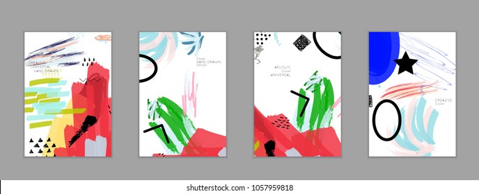 Abstract universal art web header template. Collage made with scribbles, marker, canyon strokes, black geometric shapes, ink drawn splashes. Bright colored isolated on white background cover template.