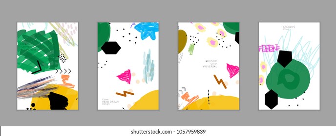 Abstract universal art web header template. Collage made with scribbles, marker, canyon strokes, black geometric shapes, ink drawn splashes. Bright colored isolated on white background cover template.