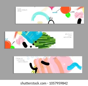 Abstract universal art web header template. Collage made with scribbles, marker, canyon strokes, black geometric shapes, ink drawn splashes. Bright colored isolated on white background cover template.