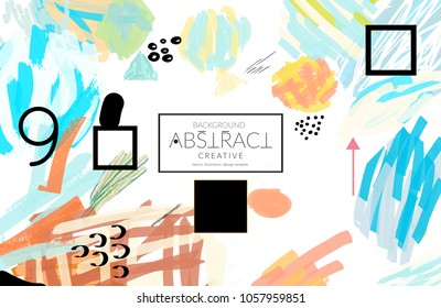 Abstract universal art web header template. Collage made with scribbles, marker, canyon strokes, black geometric shapes, ink drawn splashes. Bright colored isolated on white background cover template.