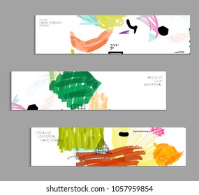 Abstract universal art web header template. Collage made with scribbles, marker, canyon strokes, black geometric shapes, ink drawn splashes. Bright colored isolated on white background cover template.