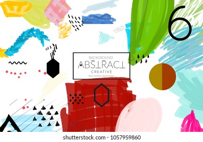 Abstract universal art web header template. Collage made with scribbles, marker, canyon strokes, black geometric shapes, ink drawn splashes. Bright colored isolated on white background cover template.