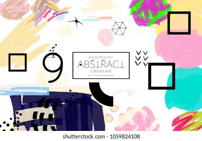 Abstract universal art web header template. Collage made with scribbles, marker, canyon strokes, black geometric shapes, ink drawn splashes. Bright colored isolated on white background cover template.