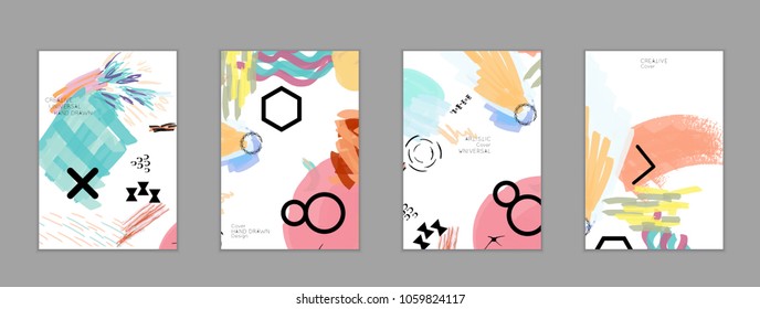 Abstract universal art web header template. Collage made with scribbles, marker, canyon strokes, black geometric shapes, ink drawn splashes. Bright colored isolated on white background cover template.