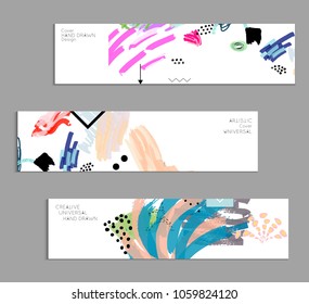 Abstract universal art web header template. Collage made with scribbles, marker, canyon strokes, black geometric shapes, ink drawn splashes. Bright colored isolated on white background cover template.