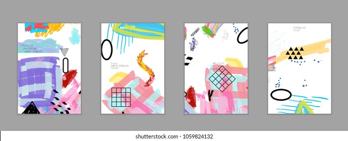 Abstract universal art web header template. Collage made with scribbles, marker, canyon strokes, black geometric shapes, ink drawn splashes. Bright colored isolated on white background cover template.