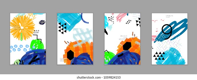 Abstract universal art web header template. Collage made with scribbles, marker, canyon strokes, black geometric shapes, ink drawn splashes. Bright colored isolated on white background cover template.