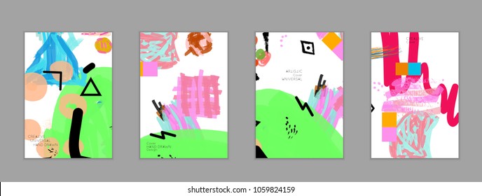 Abstract universal art web header template. Collage made with scribbles, marker, canyon strokes, black geometric shapes, ink drawn splashes. Bright colored isolated on white background cover template.