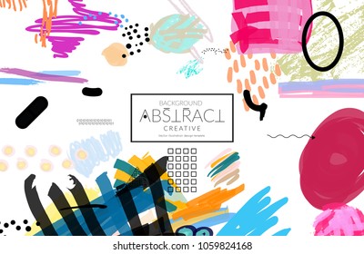 Abstract universal art web header template. Collage made with scribbles, marker, canyon strokes, black geometric shapes, ink drawn splashes. Bright colored isolated on white background cover template.