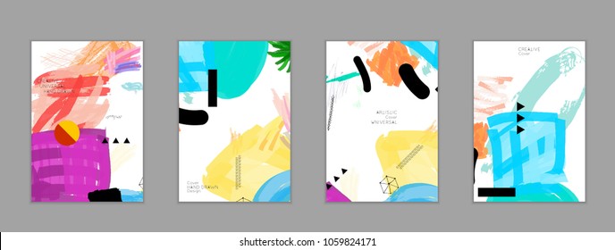 Abstract universal art web header template. Collage made with scribbles, marker, canyon strokes, black geometric shapes, ink drawn splashes. Bright colored isolated on white background cover template.