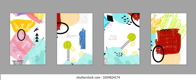 Abstract universal art web header template. Collage made with scribbles, marker, canyon strokes, black geometric shapes, ink drawn splashes. Bright colored isolated on white background cover template.