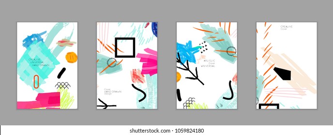 Abstract universal art web header template. Collage made with scribbles, marker, canyon strokes, black geometric shapes, ink drawn splashes. Bright colored isolated on white background cover template.