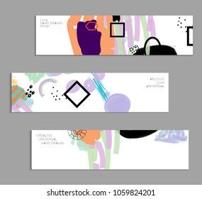 Abstract universal art web header template. Collage made with scribbles, marker, canyon strokes, black geometric shapes, ink drawn splashes. Bright colored isolated on white background cover template.