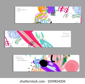 Abstract universal art web header template. Collage made with scribbles, marker, canyon strokes, black geometric shapes, ink drawn splashes. Bright colored isolated on white background cover template.