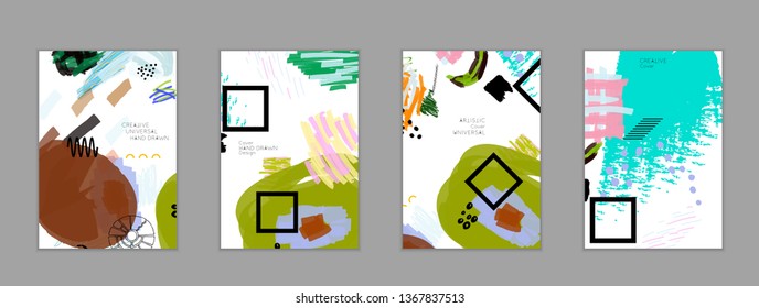 Abstract universal art web header template. Collage made with scribbles, marker, canyon strokes, black geometric shapes, ink drawn splashes. Bright colored isolated on white background cover template.