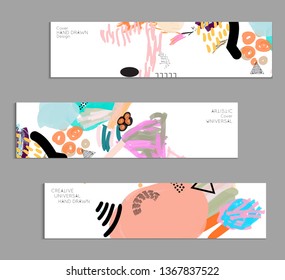 Abstract universal art web header template. Collage made with scribbles, marker, canyon strokes, black geometric shapes, ink drawn splashes. Bright colored isolated on white background cover template.