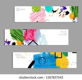 Abstract universal art web header template. Collage made with scribbles, marker, canyon strokes, black geometric shapes, ink drawn splashes. Bright colored isolated on white background cover template.