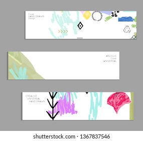 Abstract universal art web header template. Collage made with scribbles, marker, canyon strokes, black geometric shapes, ink drawn splashes. Bright colored isolated on white background cover template.