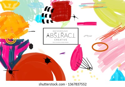 Abstract universal art web header template. Collage made with scribbles, marker, canyon strokes, black geometric shapes, ink drawn splashes. Bright colored isolated on white background cover template.