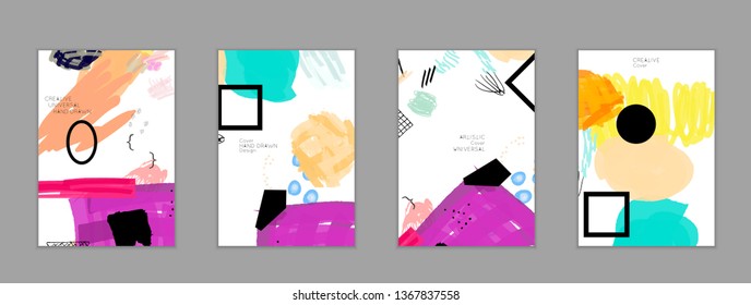 Abstract universal art web header template. Collage made with scribbles, marker, canyon strokes, black geometric shapes, ink drawn splashes. Bright colored isolated on white background cover template.