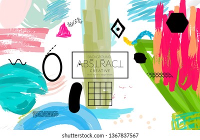 Abstract universal art web header template. Collage made with scribbles, marker, canyon strokes, black geometric shapes, ink drawn splashes. Bright colored isolated on white background cover template.