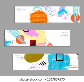 Abstract universal art web header template. Collage made with scribbles, marker, canyon strokes, black geometric shapes, ink drawn splashes. Bright colored isolated on white background cover template.