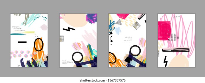 Abstract universal art web header template. Collage made with scribbles, marker, canyon strokes, black geometric shapes, ink drawn splashes. Bright colored isolated on white background cover template.