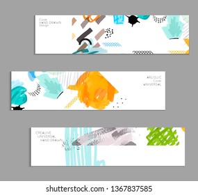 Abstract universal art web header template. Collage made with scribbles, marker, canyon strokes, black geometric shapes, ink drawn splashes. Bright colored isolated on white background cover template.
