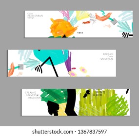 Abstract universal art web header template. Collage made with scribbles, marker, canyon strokes, black geometric shapes, ink drawn splashes. Bright colored isolated on white background cover template.