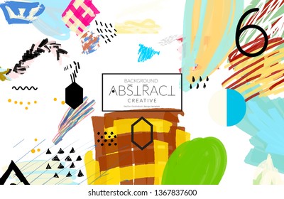 Abstract universal art web header template. Collage made with scribbles, marker, canyon strokes, black geometric shapes, ink drawn splashes. Bright colored isolated on white background cover template.